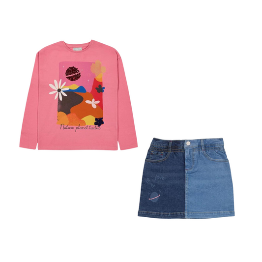 TucTuc Natural Planet Pink Knit T-Shirt and Blue Denim Skirt