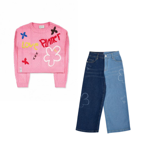 TucTuc Natural Planet Pink Knitted Jumper and Two Tone Blue Denim