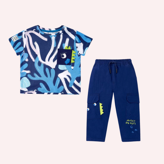 TucTuc Ocean Wonders Blue Printed Knit T-Shirt and Navy Poplin Pants