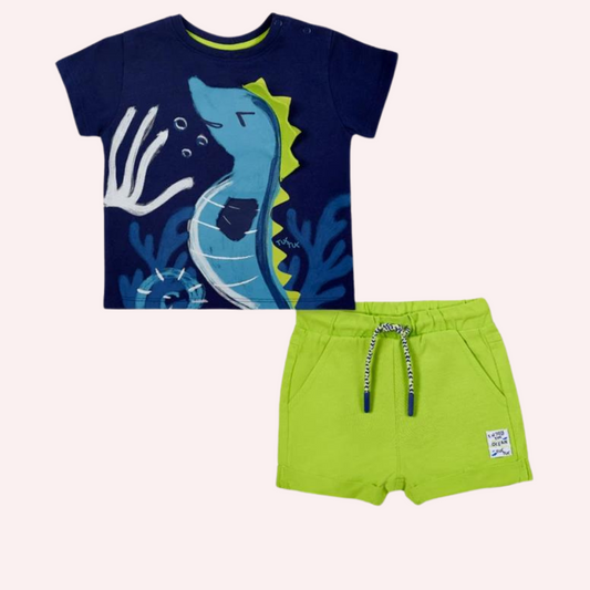 TucTuc Ocean Wonders Blue T-Shirt and Green Bermudas Knit Set