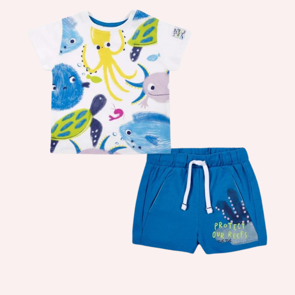 TucTuc Ocean Wonders Blue and White Knit Shorts Set