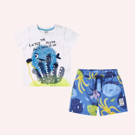 TucTuc Ocean Wonders White Knit T-Shirt and Swimtrunks Set