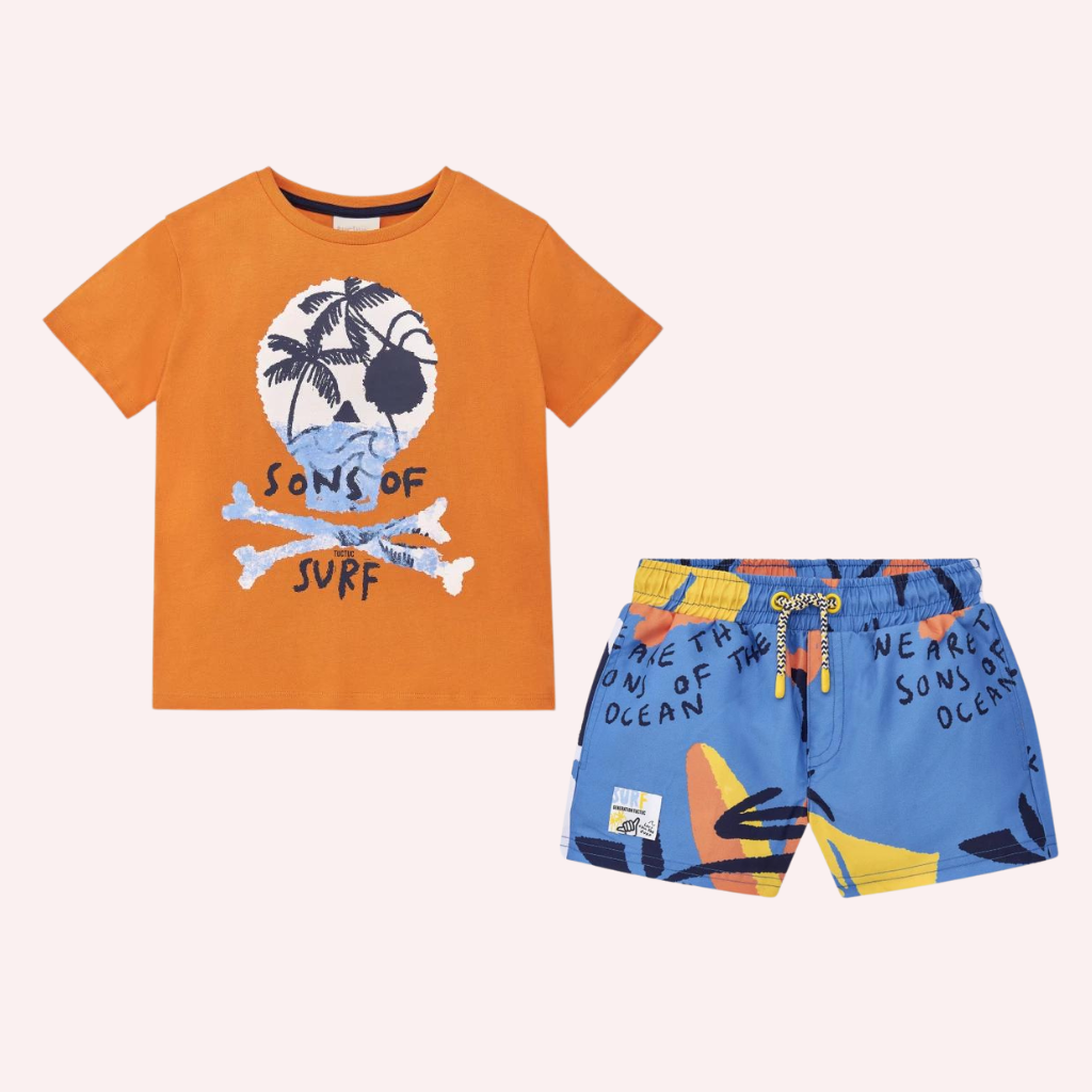 TucTuc Sons Of Fun Orange Knit T-Shirt and Blue Swimtrunks