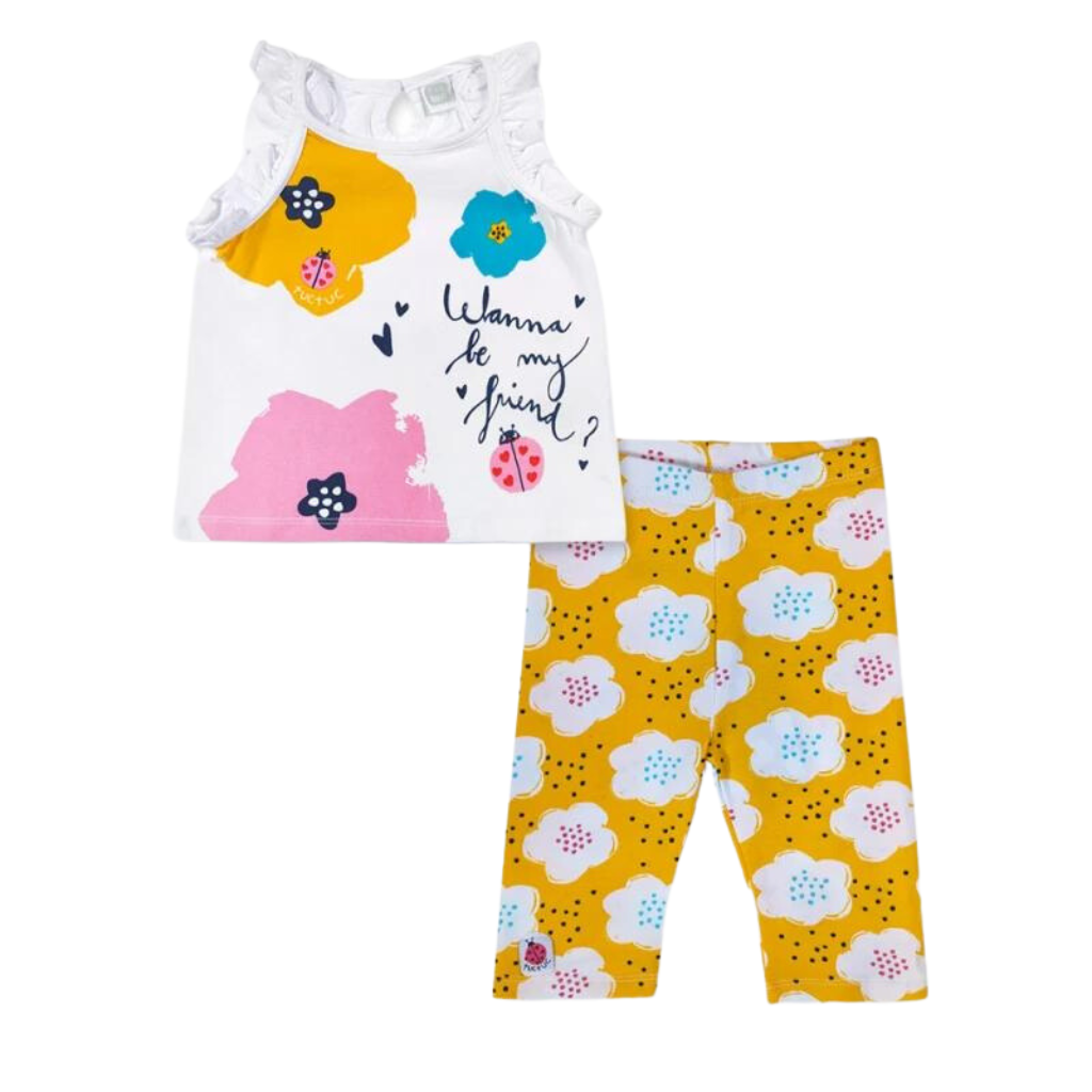 TucTuc Tiny Critters White T-Shirt and Yellow Knitted Leggings Set