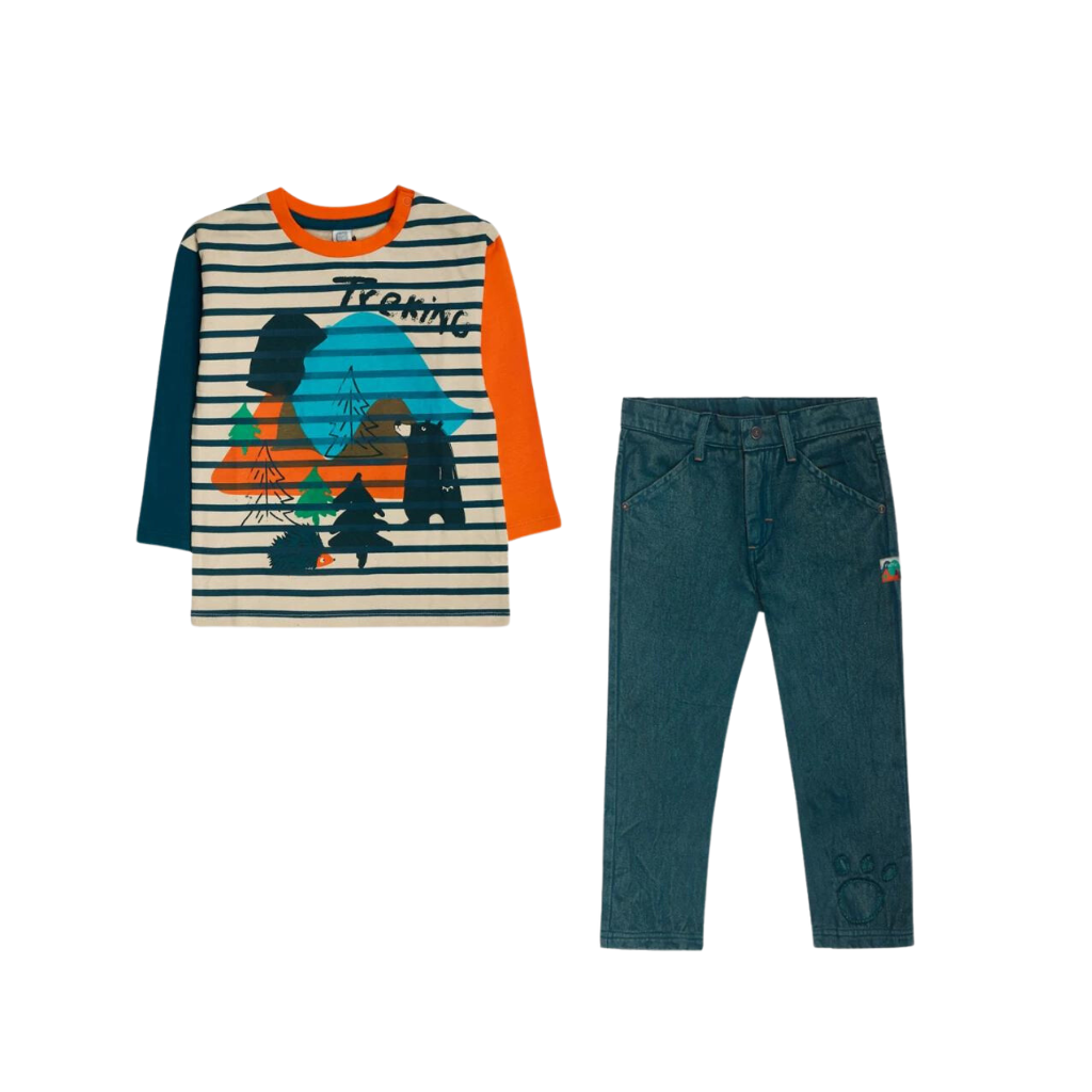 TucTuc Trekking Time Orange Green Knit T-Shirt and Green Twill Trousers