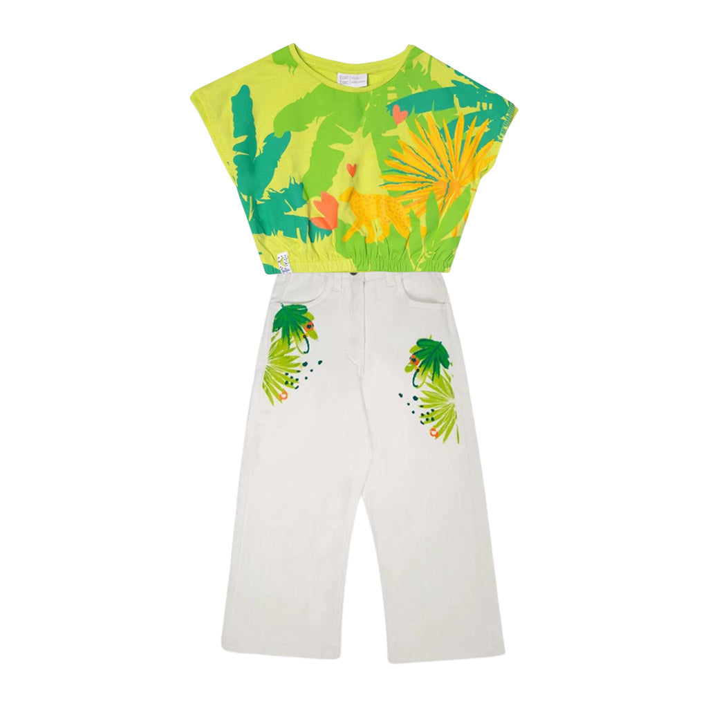 TucTuc Tropic Feeling Girl's Green T-Shirt and White Denim Set