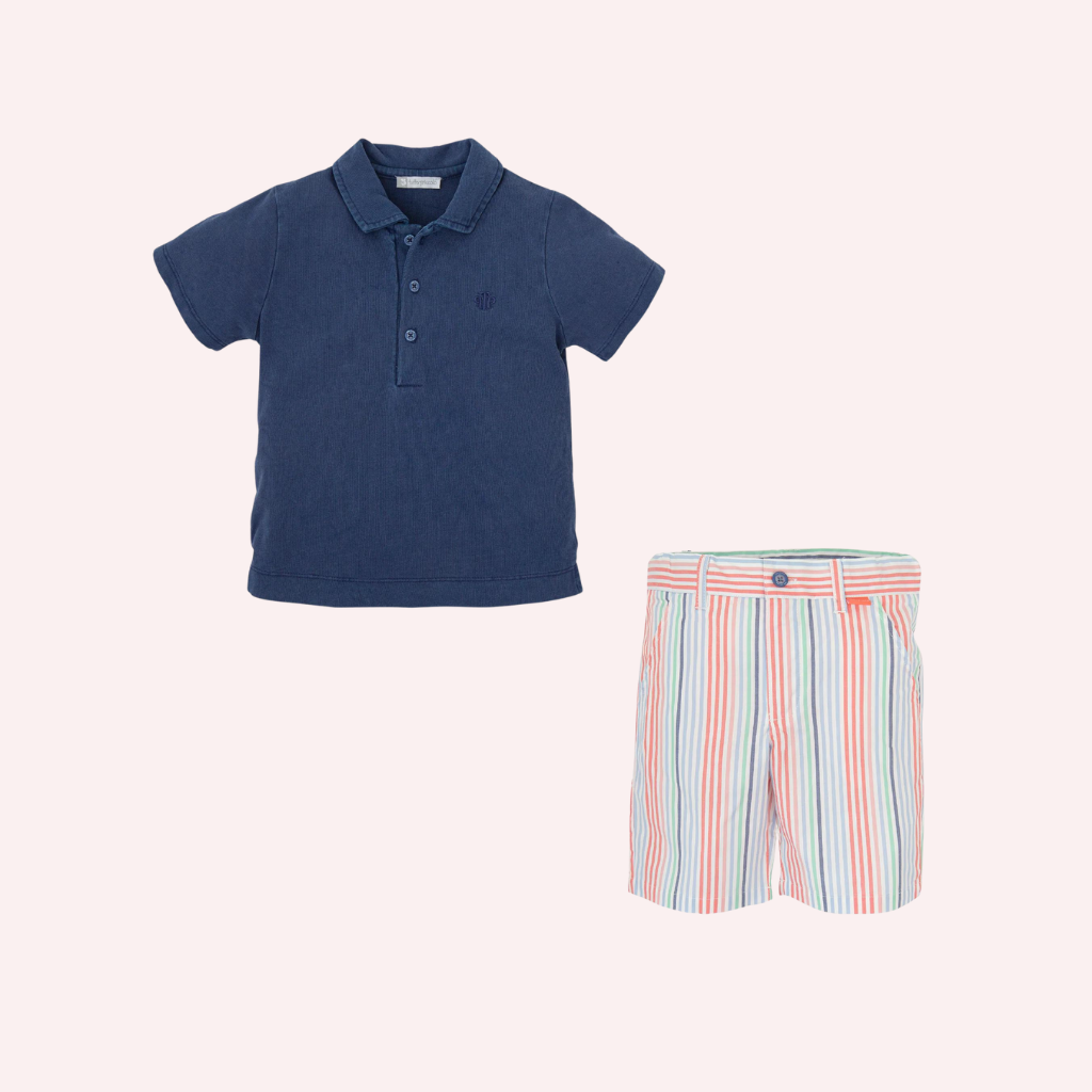 Tutto Piccolo Atlantic Blue Polo Shirt and Striped Coral Bermuda Shorts