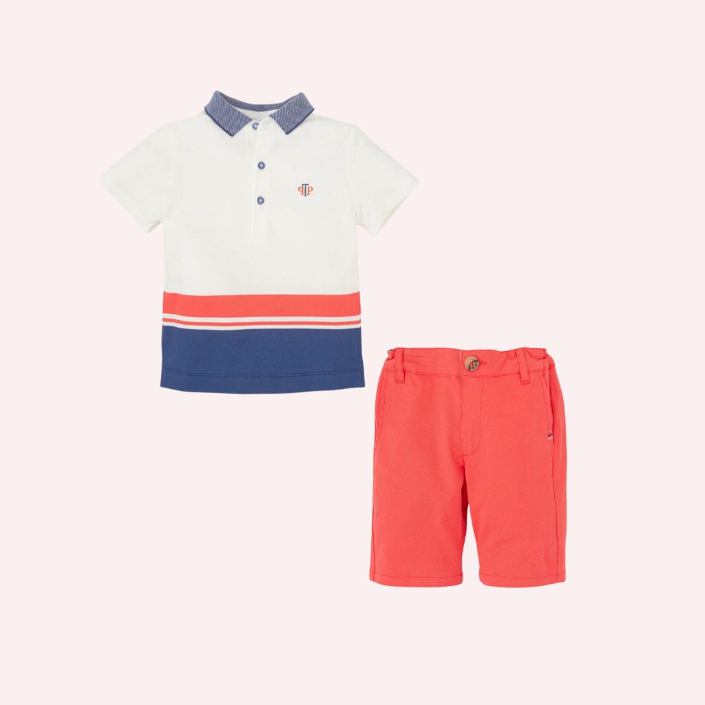 Tutto Piccolo Chemical White Polo and Coral Bermuda Shorts