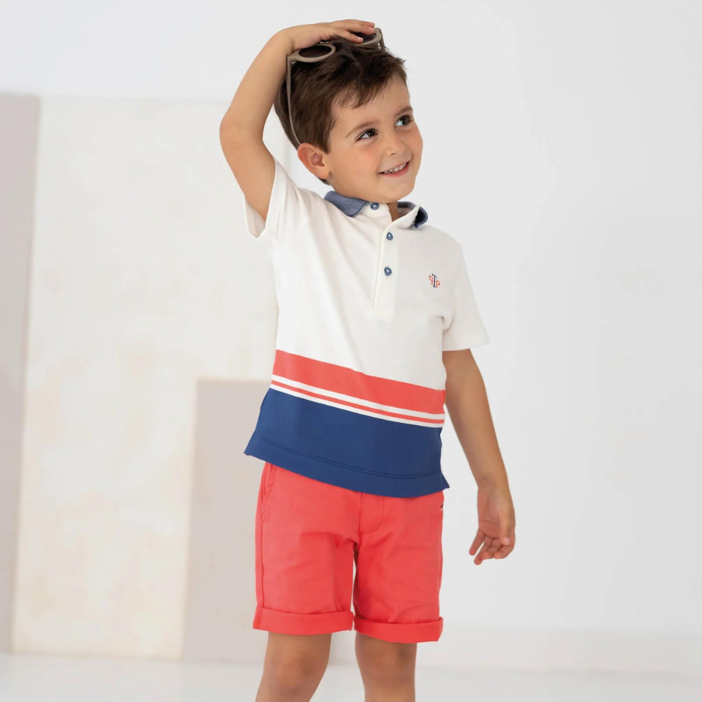 Tutto Piccolo Chemical White Polo and Coral Bermuda Shorts