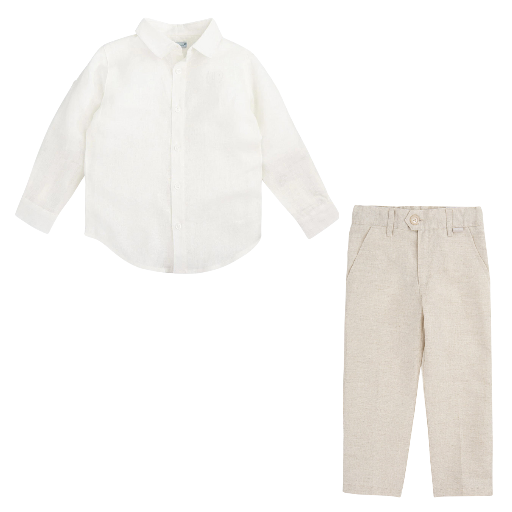 Tutto Piccolo Long Sleeves Shirt Chemical White and Sand Trousers