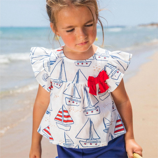 Tutto Piccolo Navy Blue Paper Boat Blouse and Cotton Shorts