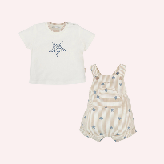 Tutto Piccolo Off White Stars T-Shirt and Striped Dungaree