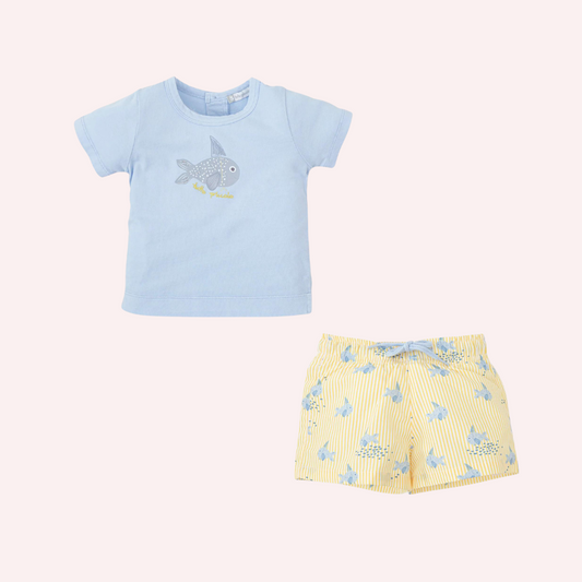 Tutto Piccolo Sky Blue T-Shirt and Yellow Swim Trunks