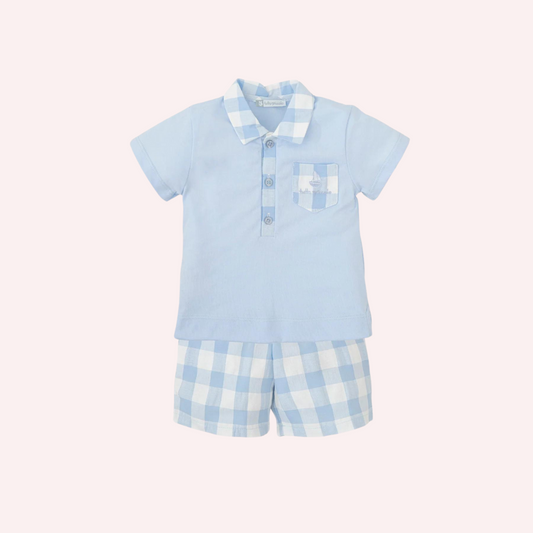 Tutto Piccolo Sky Blue and White Polo and Shorts Set