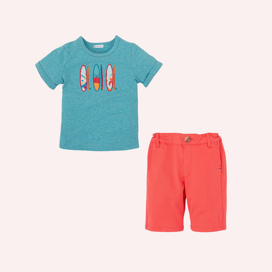 Tutto Piccolo Turquoise Surfboard T-Shirt and Coral Bermudas