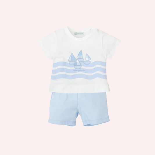 Tutto Piccolo White and Sky Blue Vela Shorts 2 Piece Set