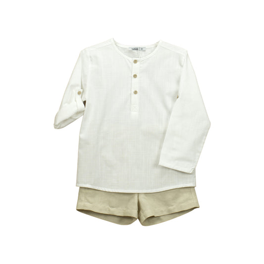 Babidu Conjunto Camisa Manga Larga y Short en Hilo Crema