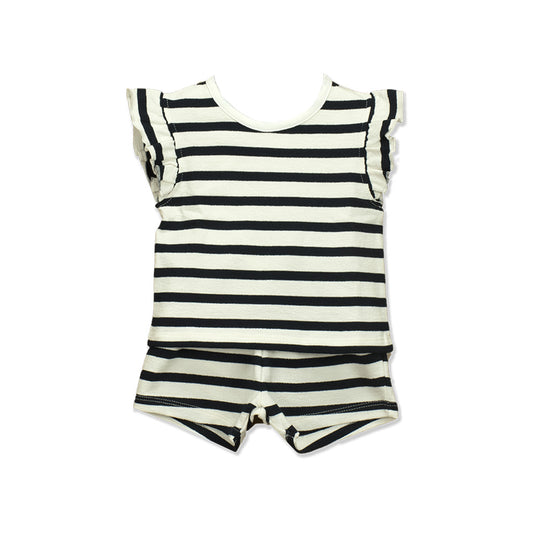 Babidu Short Set Ruffled Sleeveless T-Shirt Navy Stripes