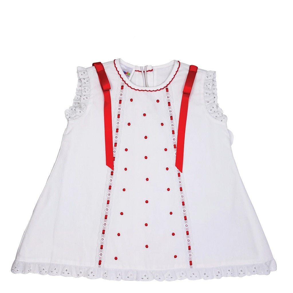 Karela Kids Vestido Dalia - Blanco con Bordado Rojo