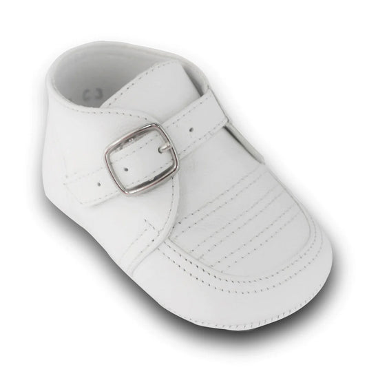 Karela Kids White Pre-Walk Leather Stripes with Belt Buckle