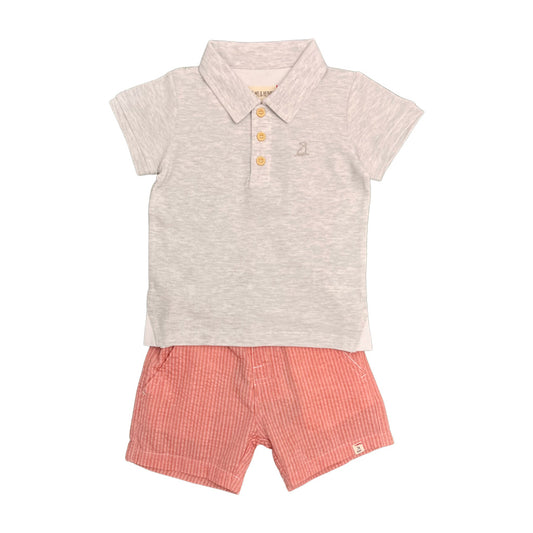 Me & Henry Grey Polo and Coral Seersucker Shorts