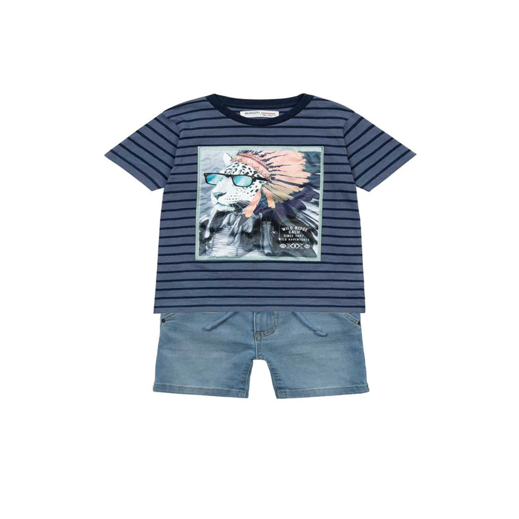 Minoti Blue and Black Striped Graphic Tee and Ribbed Denim Shorts