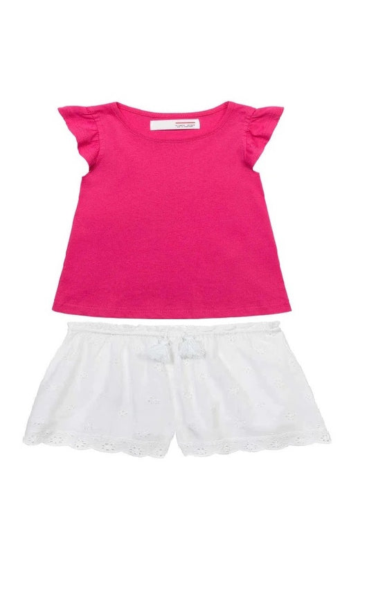 Minoti Hot Pink Flared Sleeveless Blouse and White Shorts With Eyelet Hem