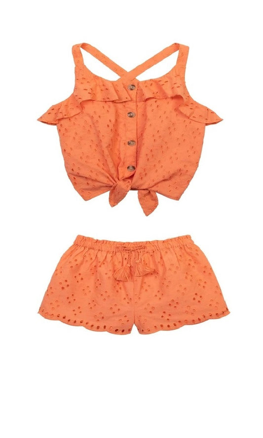 Minoti Orange Broiderie Frill Tie Front Top and Scalloped Hem Embroidered Shorts