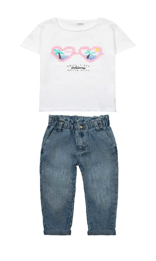Minoti White Aplique T-shirt With Sunglasses and High Rise Paperbag Jeans