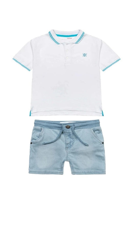 Minoti White Polo Shirt With Blue Details and Light Blue Denim Short