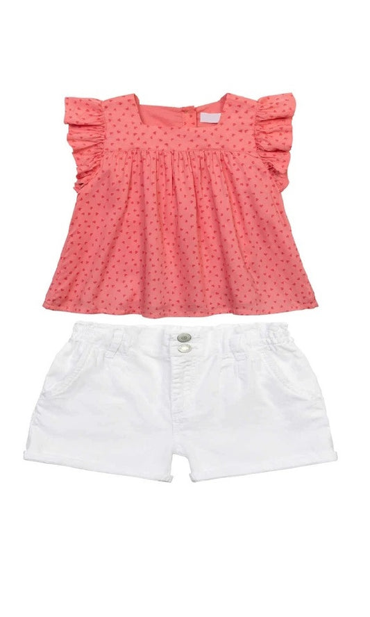 Minoti Ruffle Trim Pink-Coral Top and White Basic Paperbag Waist Twill Shorts