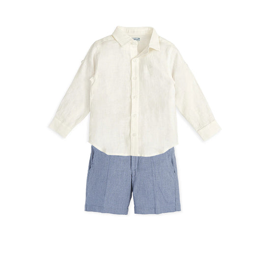 Tutto Piccolo Camisa Manga Larga Blanco Químico with Bermuda Shorts - Porcelain Blue