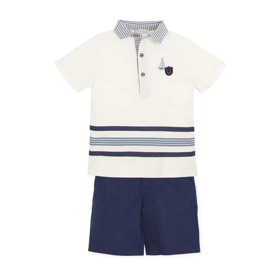 Tutto Piccolo Chemical White Short Sleeves Polo Shirt and Navy Shorts 2 Piece Set