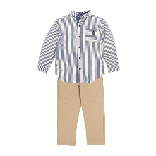 Tutto Piccolo Long Sleeves Navy Stripes Shirt with Long Trouser - Sand