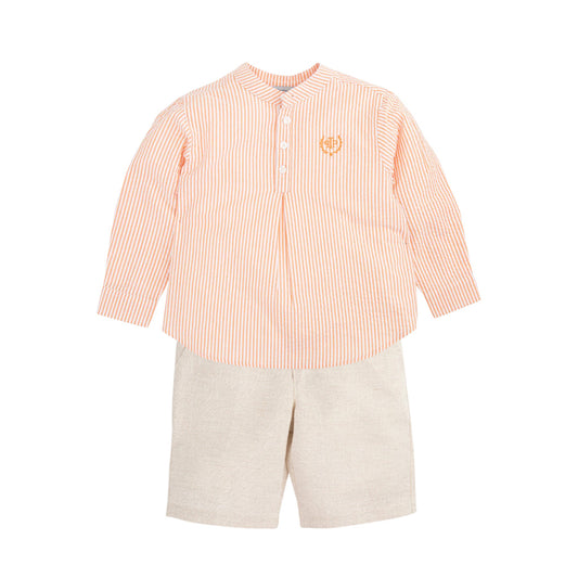 Tutto Piccolo Orange Stripes Long Sleeves Shirt and Sand Shorts