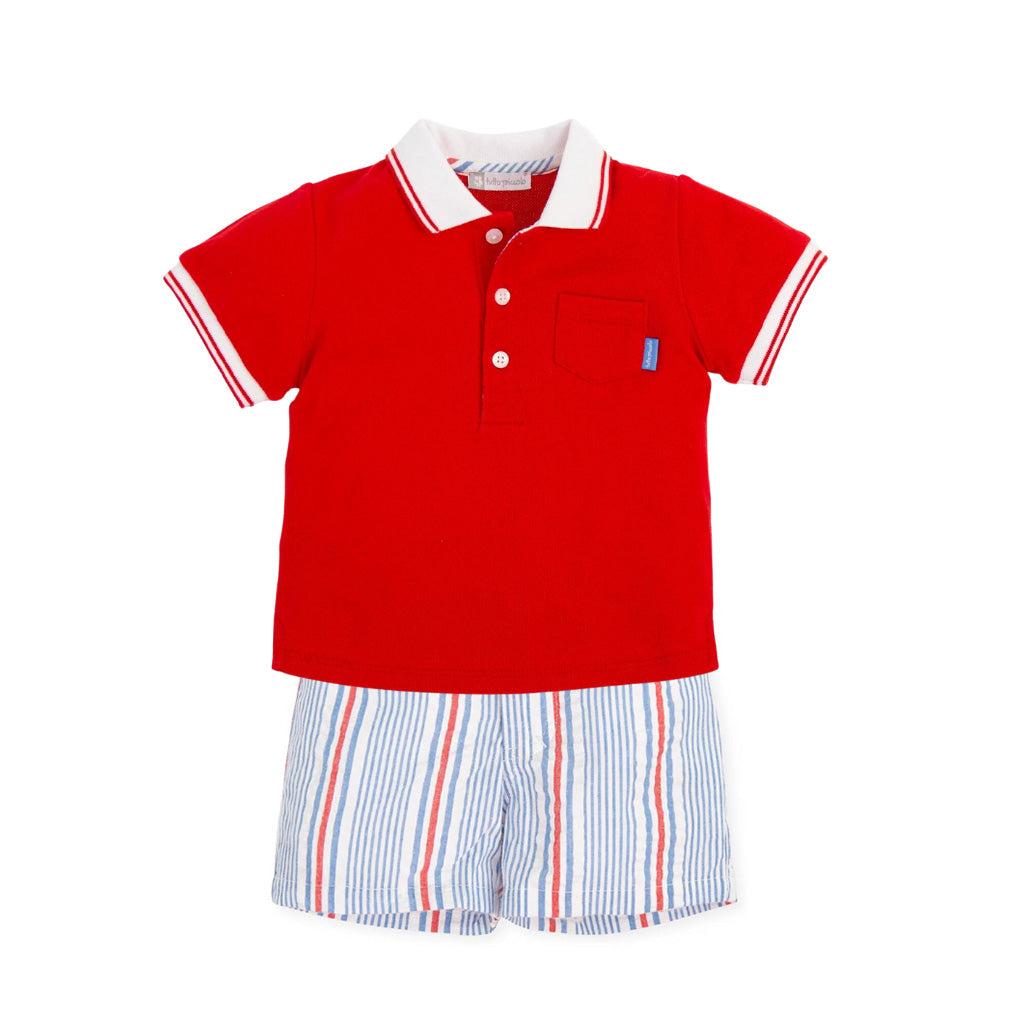 Tutto Piccolo Short Sleeves Polo and Stiped Shorts 2 Piece Set - Porcelain