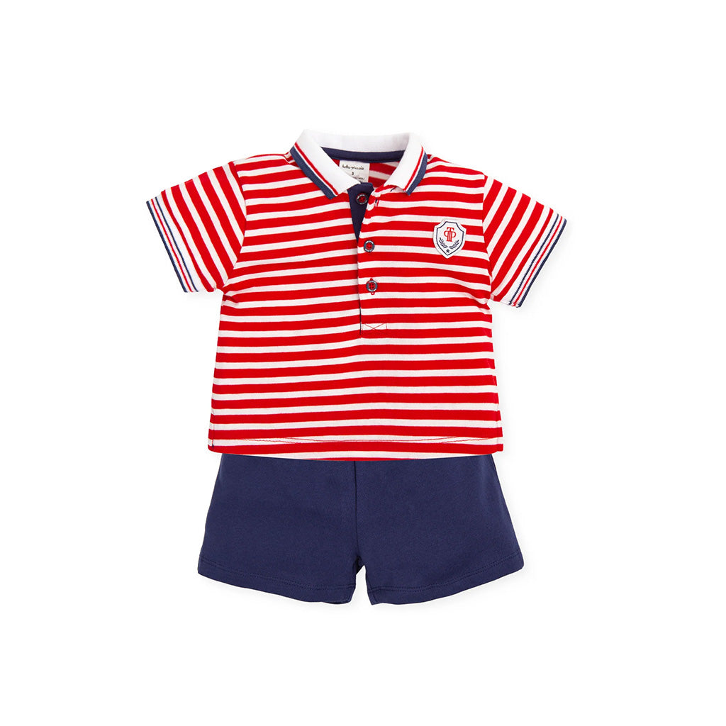 Tutto Piccolo Striped Polo with Navy Shorts 2 Piece Set